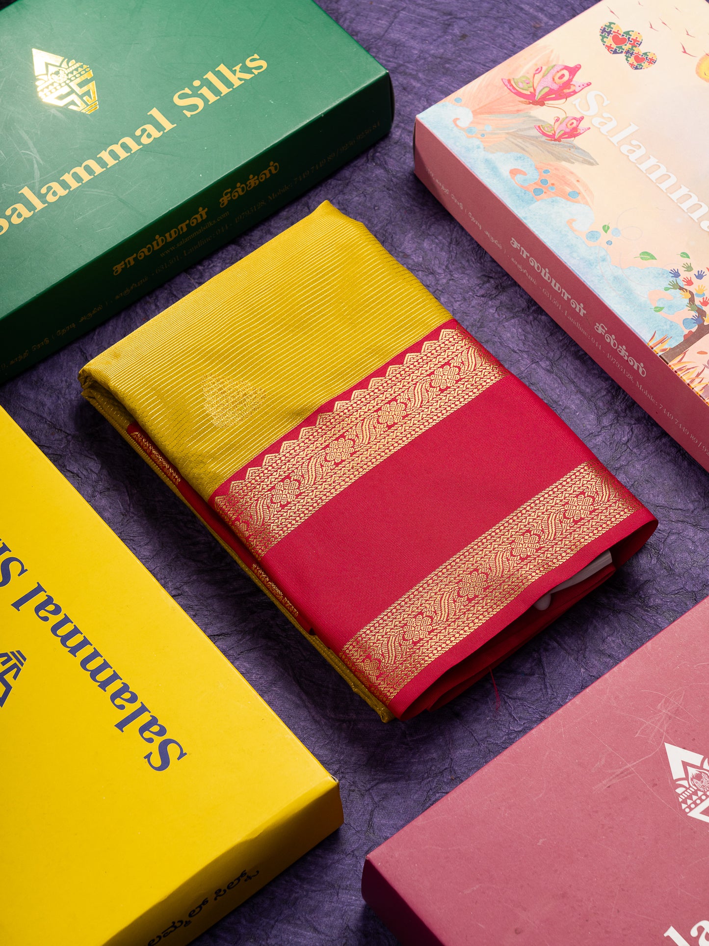 Beautiful Manthulir Yellow Vaira Oosi Lines With Butta Semi Silk Saree With Contrast Pink Traditional Gap Border