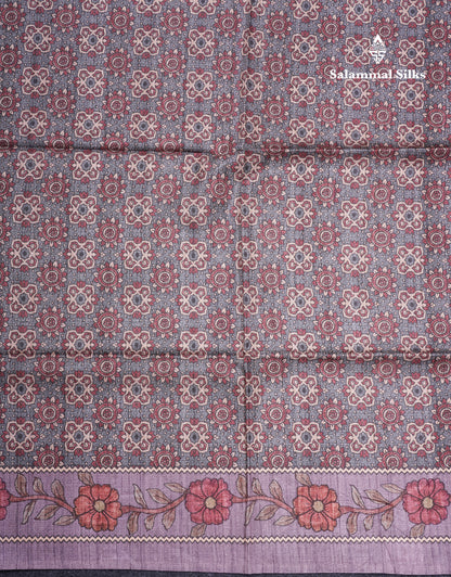 Purple Colour Semi Tussar Ajrah Kalamkari Print Saree With Contrast Pista Green Border