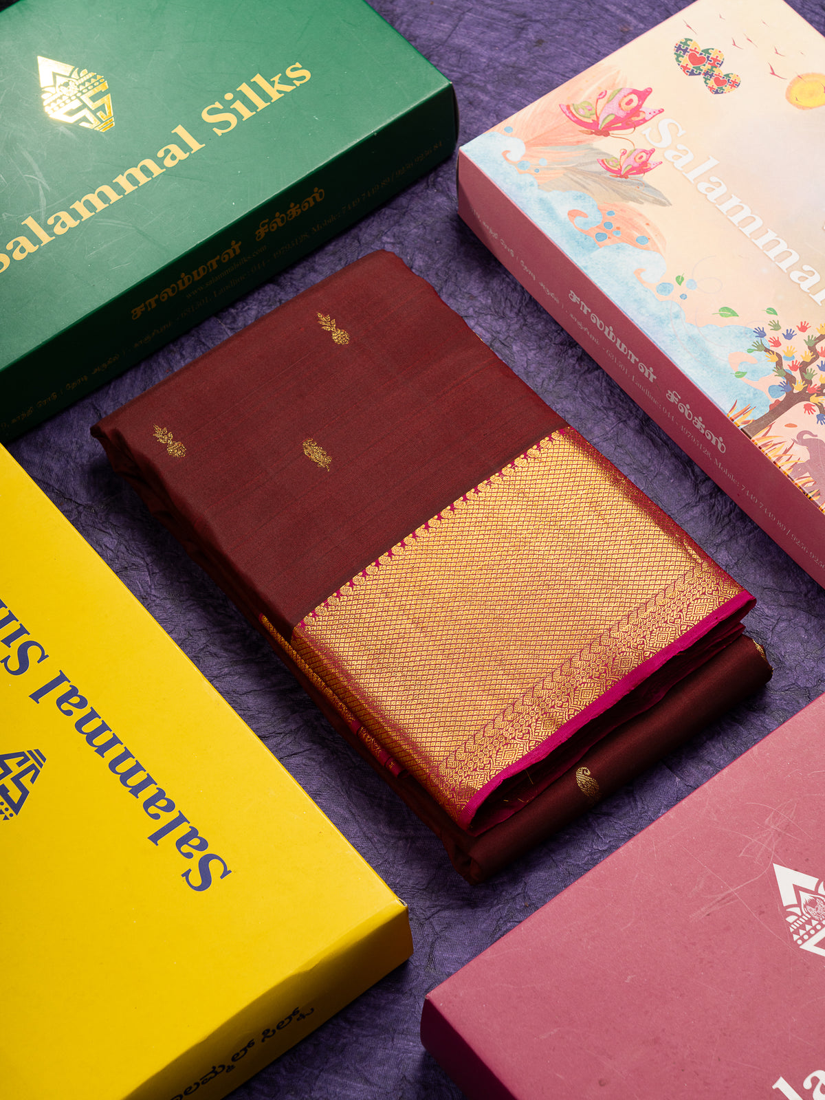 Beautiful Dark Maroon Pure Kanjivaram Silk Saree With Contrast Magenta Traditional Border