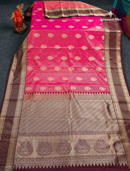 Semi Silk Saree -  Pink Butta With Vaira Oosi Lines Along With Contrast Dark Maroon Traditional Border