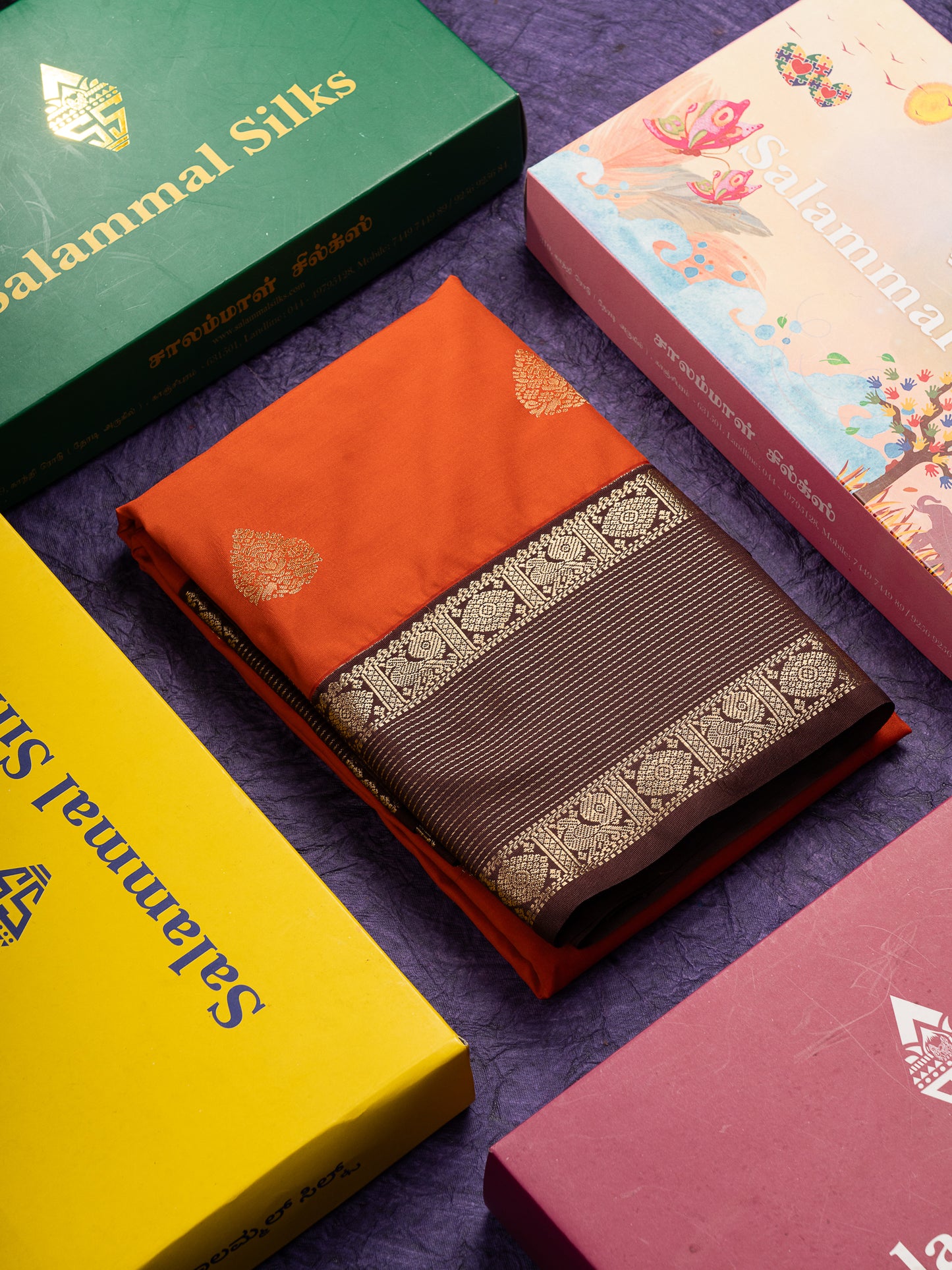Beautiful Rust Orange Semi Silk Saree With Contrast Dark Brown Traditional Border