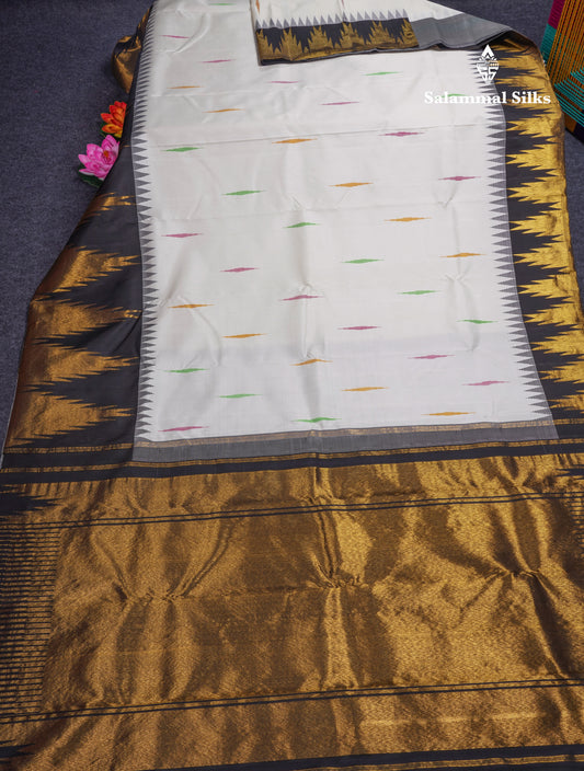 Korvai 8Kol White Multicolour Malli Moggu Pure Kanjivaram Silk Saree With Contrast Black Traditional Temple Border