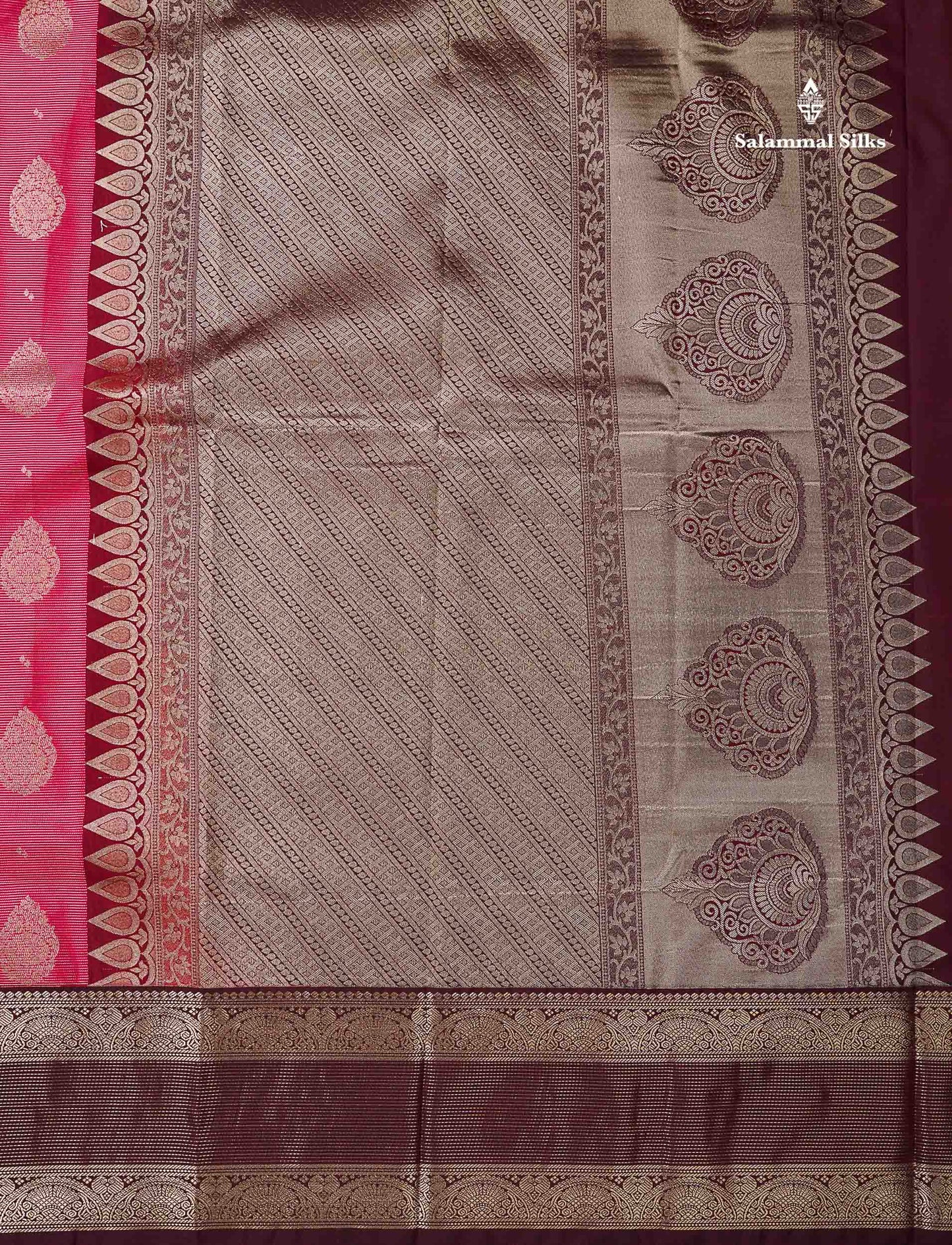 Semi Silk Saree -  Pink Butta With Vaira Oosi Lines Along With Contrast Dark Maroon Traditional Border