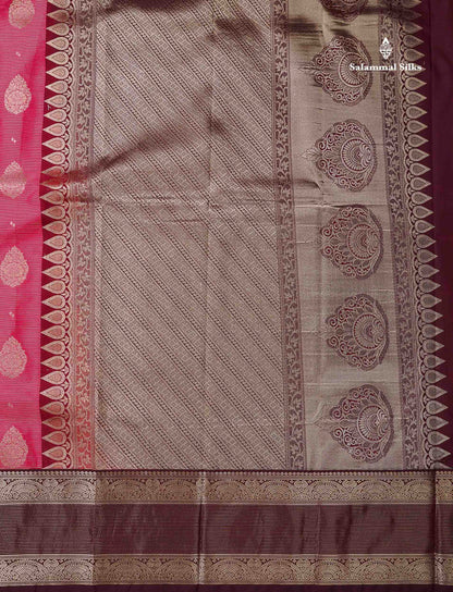 Semi Silk Saree -  Pink Butta With Vaira Oosi Lines Along With Contrast Dark Maroon Traditional Border