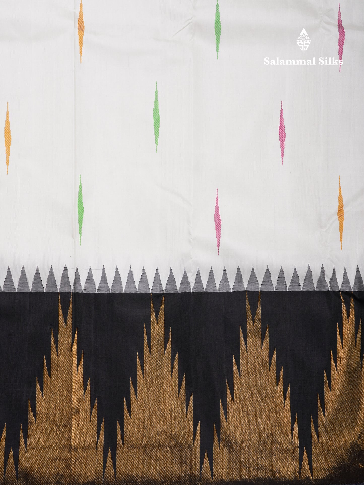 Korvai 8Kol White Multicolour Malli Moggu Pure Kanjivaram Silk Saree With Contrast Black Traditional Temple Border