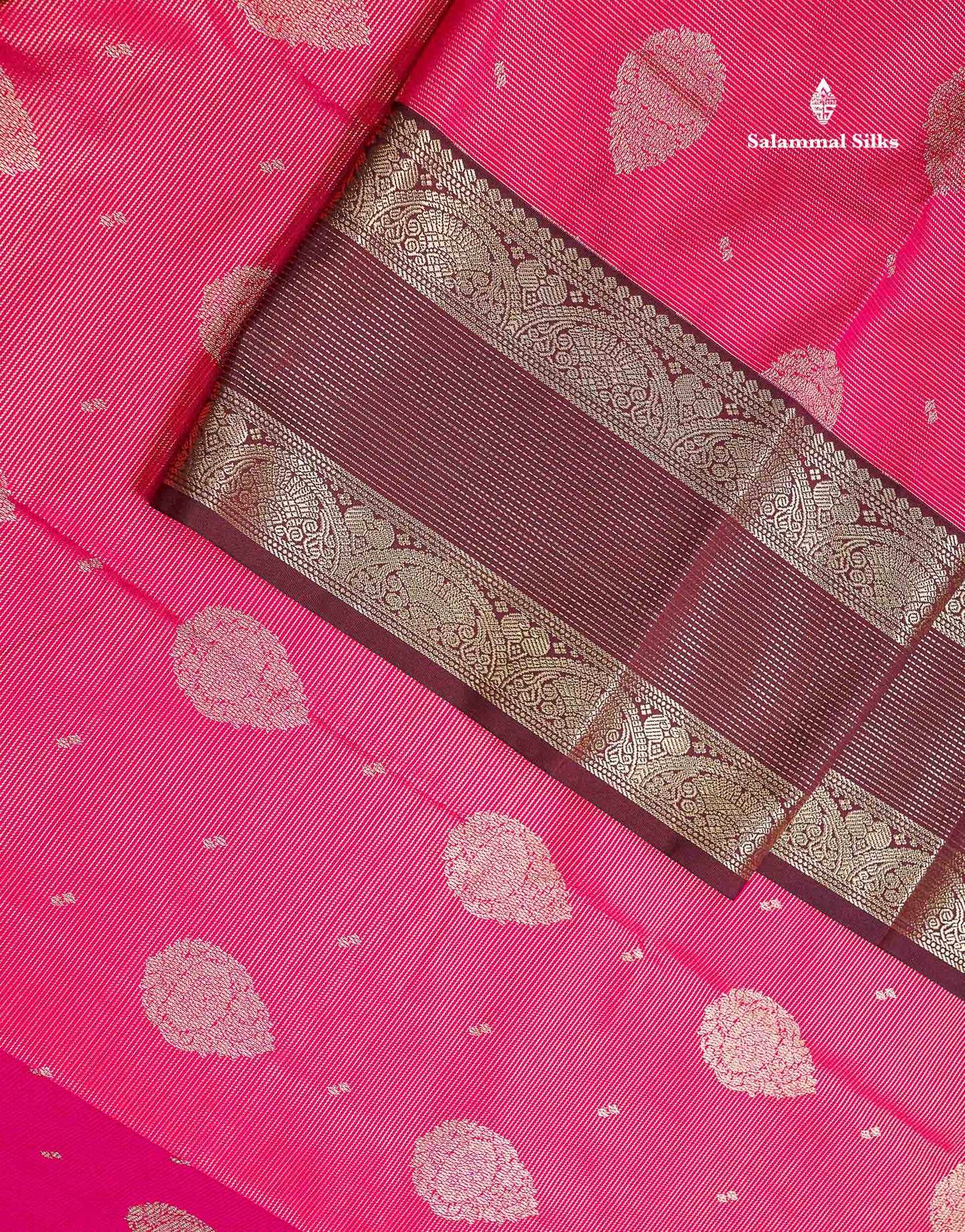 Semi Silk Saree -  Pink Butta With Vaira Oosi Lines Along With Contrast Dark Maroon Traditional Border