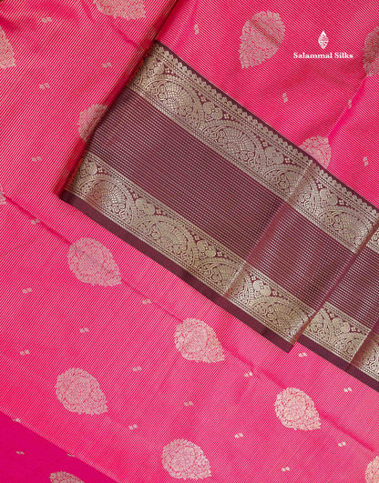 Semi Silk Saree -  Pink Butta With Vaira Oosi Lines Along With Contrast Dark Maroon Traditional Border