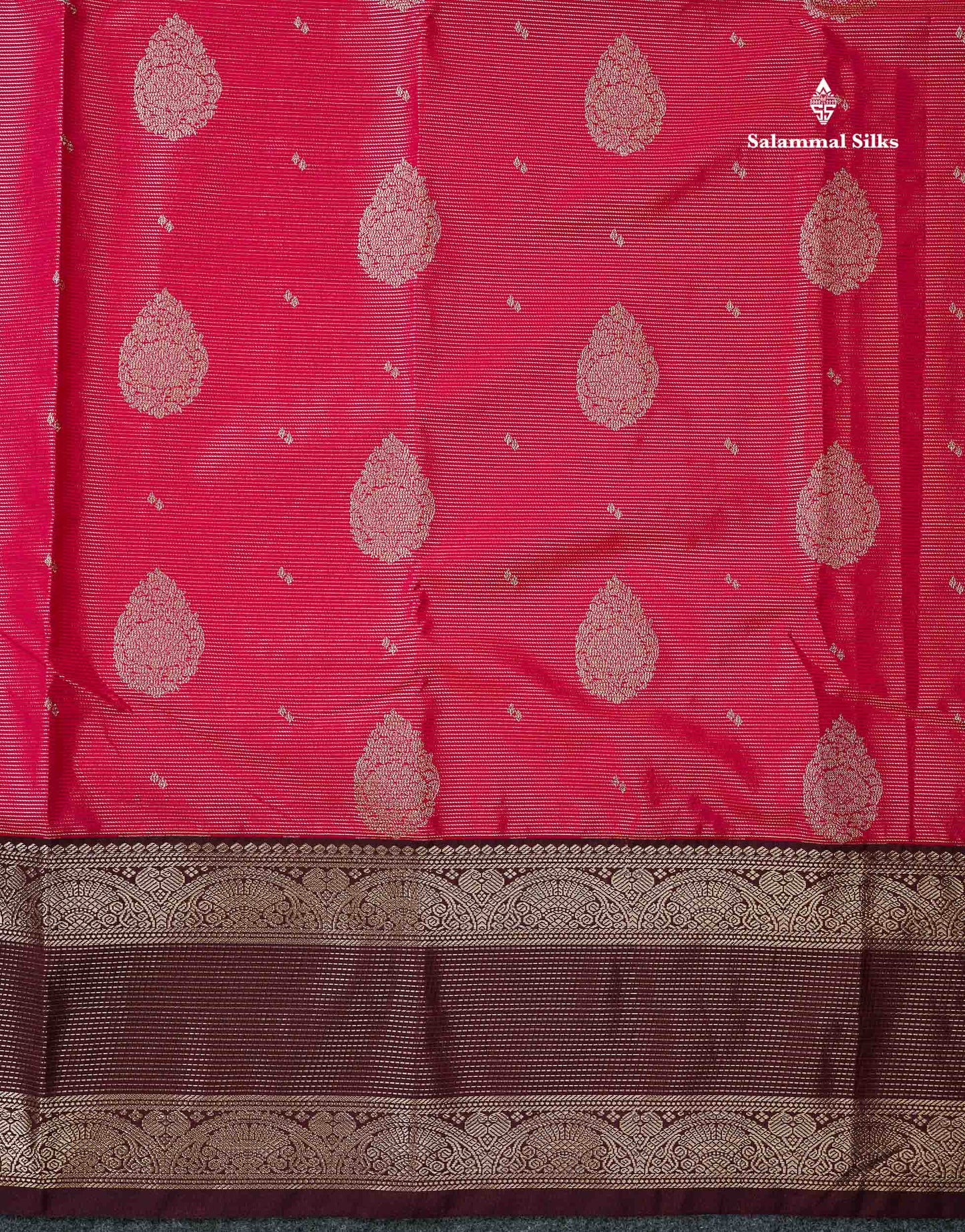 Semi Silk Saree -  Pink Butta With Vaira Oosi Lines Along With Contrast Dark Maroon Traditional Border