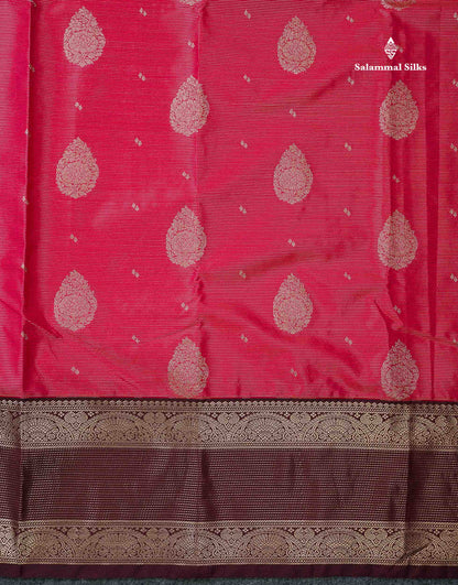 Semi Silk Saree -  Pink Butta With Vaira Oosi Lines Along With Contrast Dark Maroon Traditional Border