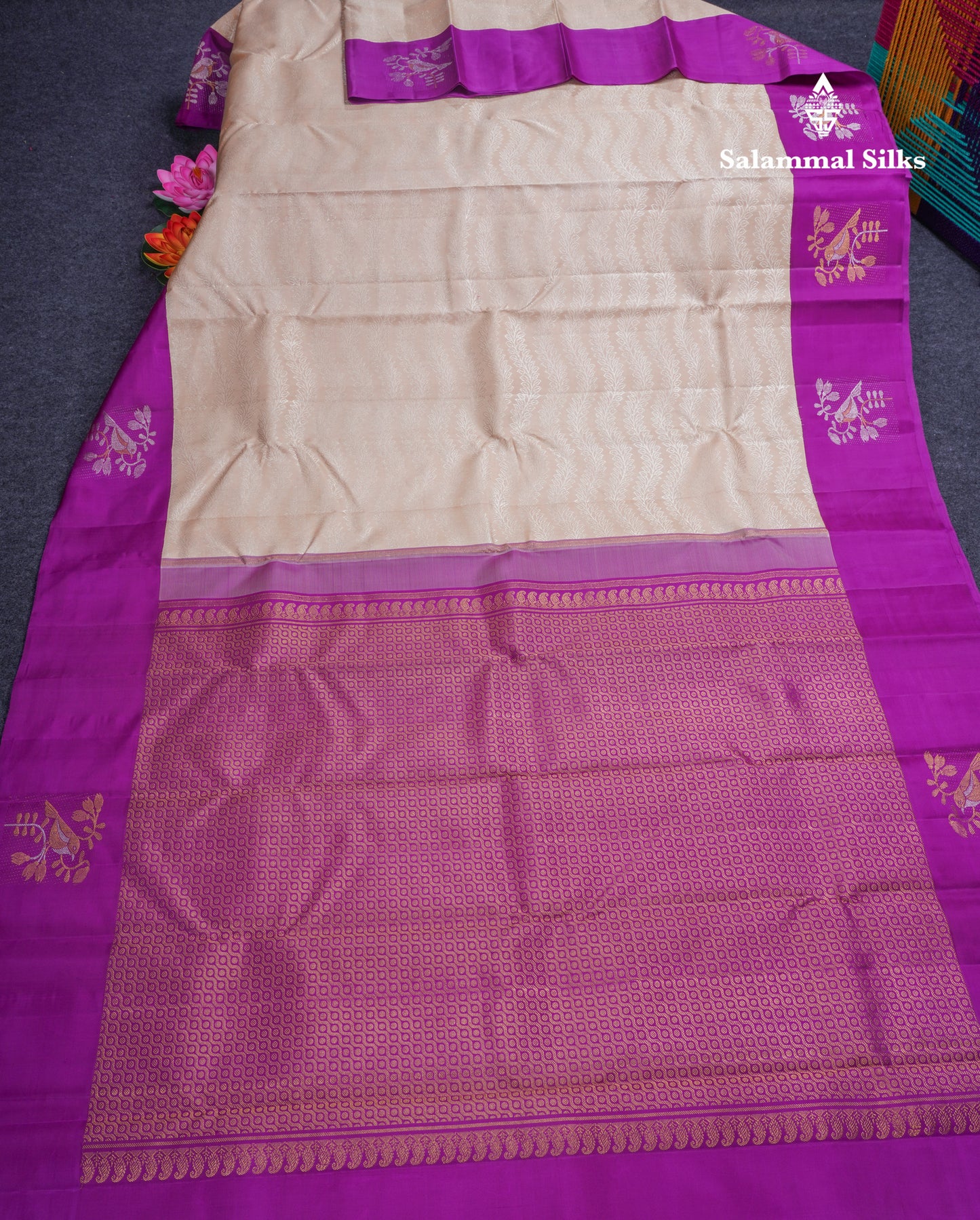 Beige Fancy Pure Kanjivaram Silk Saree With Contrast Vadamalli Border