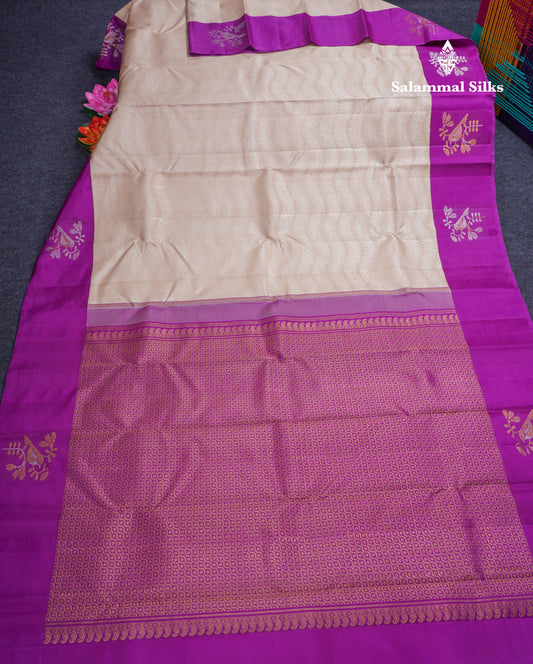 Beige Fancy Pure Kanjivaram Silk Saree With Contrast Vadamalli Border