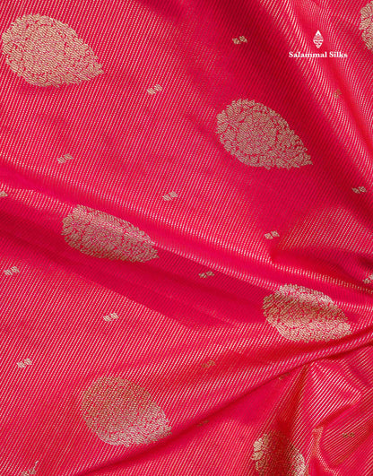 Semi Silk Saree -  Pink Butta With Vaira Oosi Lines Along With Contrast Dark Maroon Traditional Border