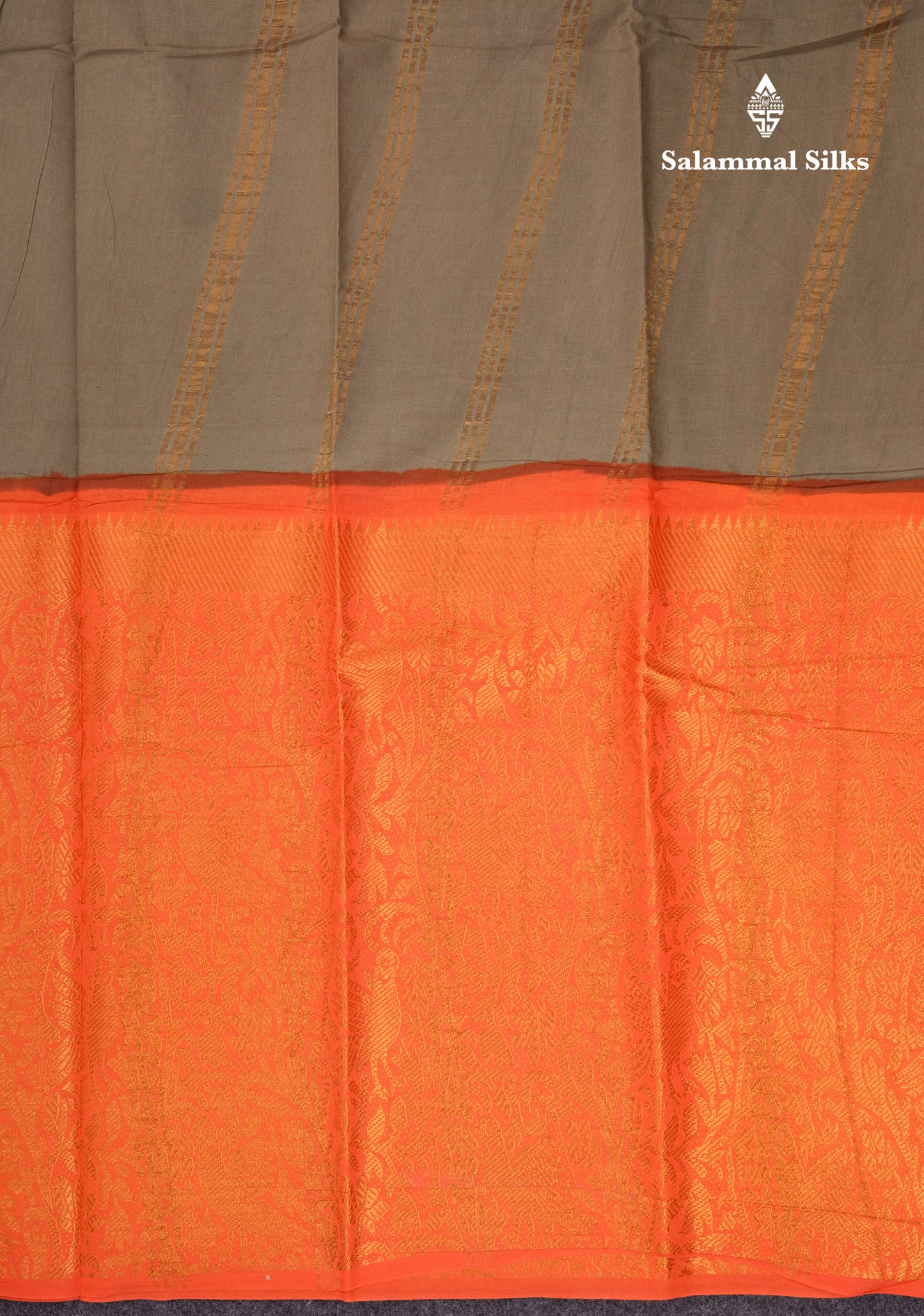 Beautiful Greenish Grey Plain Sungudi Cotton Saree With Contrast Orange Long Border