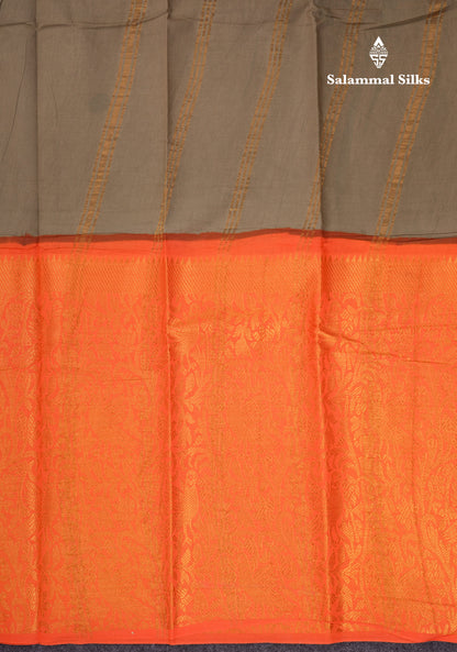 Beautiful Greenish Grey Plain Sungudi Cotton Saree With Contrast Orange Long Border