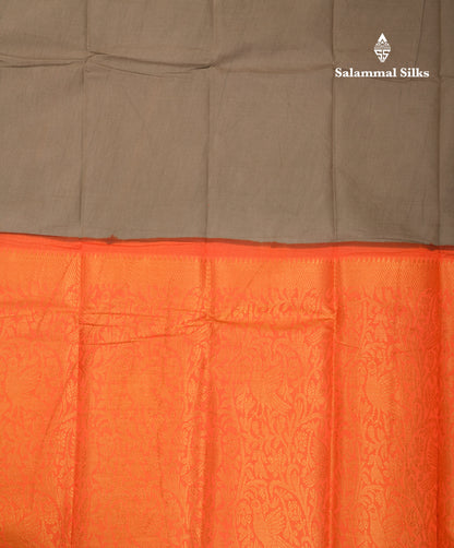 Beautiful Greenish Grey Plain Sungudi Cotton Saree With Contrast Orange Long Border