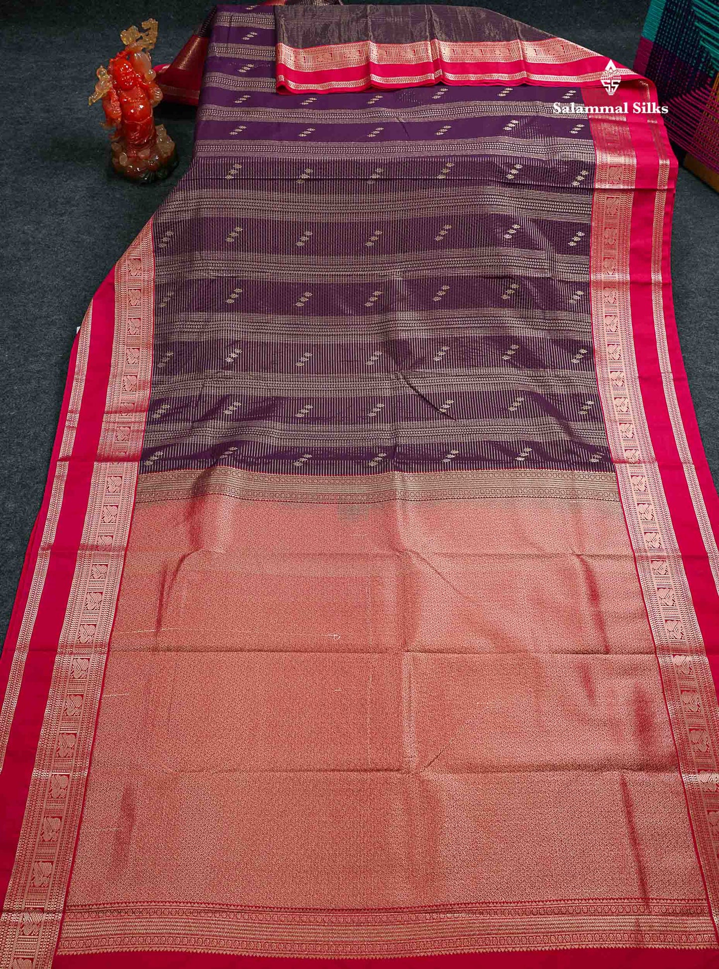 Semi Silk Saree -  Dark Purple Butta With Vaira Oosi Lines Along With Contrast Red Traditional Gap Border