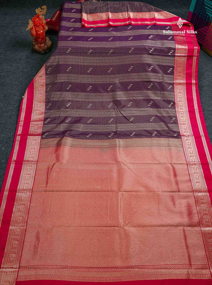 Semi Silk Saree -  Dark Purple Butta With Vaira Oosi Lines Along With Contrast Red Traditional Gap Border