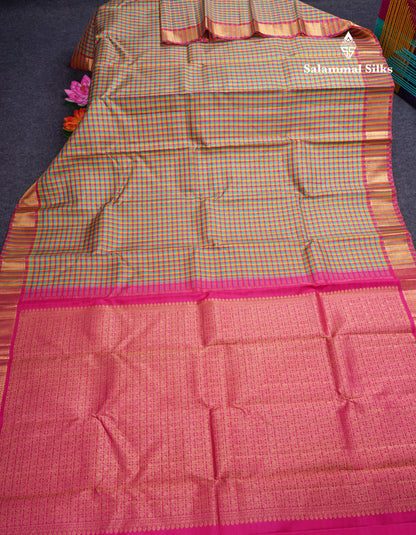 MultiColour Tiny Checks Pure Kanjivaram Silk Saree With Traditional Border