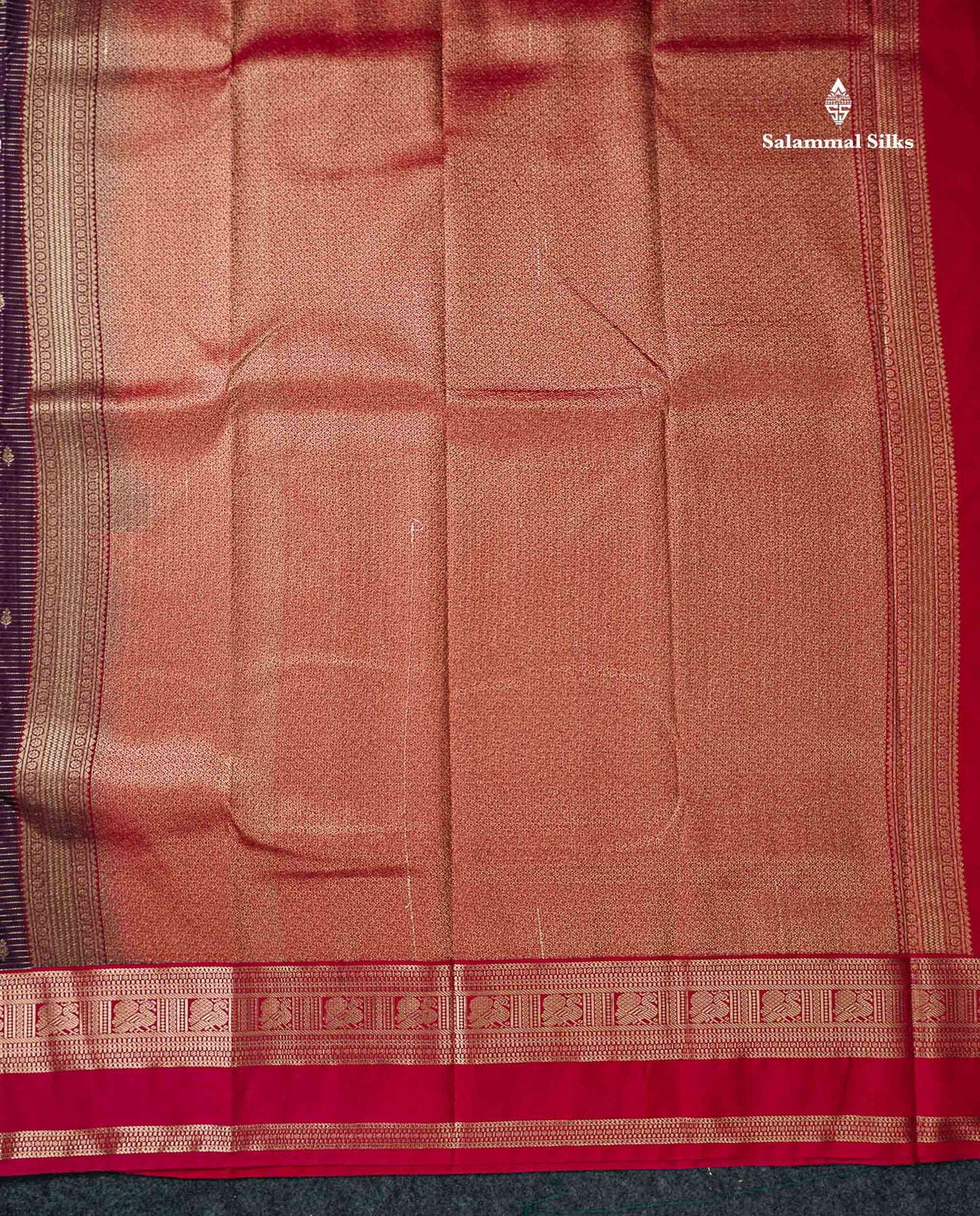 Semi Silk Saree -  Dark Purple Butta With Vaira Oosi Lines Along With Contrast Red Traditional Gap Border