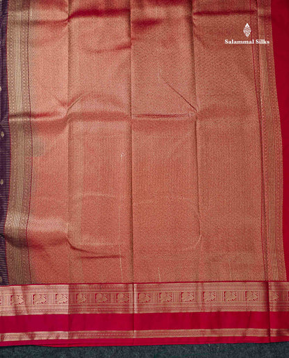 Semi Silk Saree -  Dark Purple Butta With Vaira Oosi Lines Along With Contrast Red Traditional Gap Border