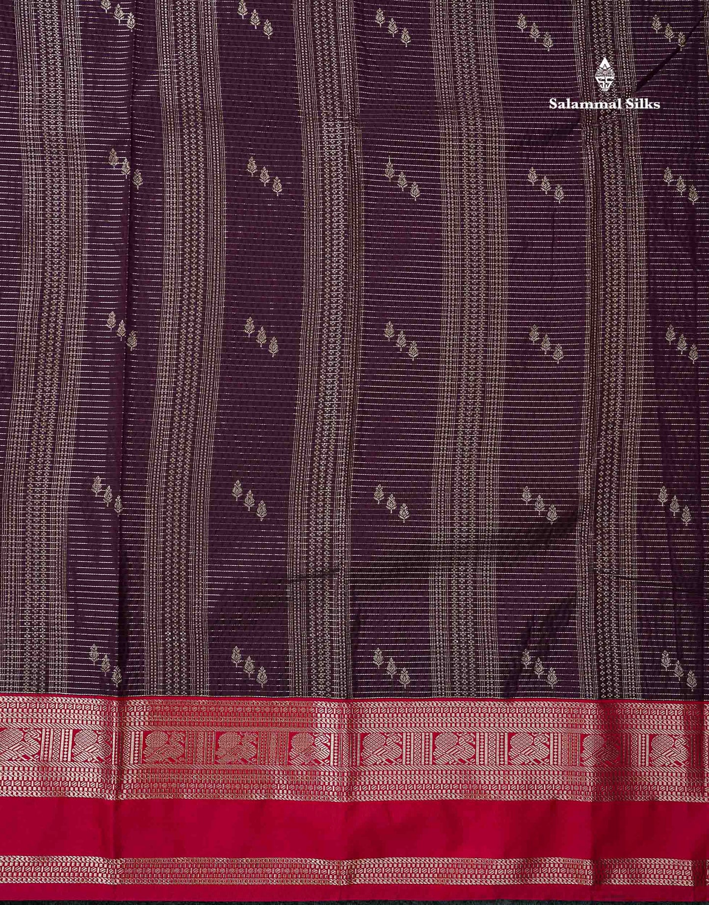 Semi Silk Saree -  Dark Purple Butta With Vaira Oosi Lines Along With Contrast Red Traditional Gap Border
