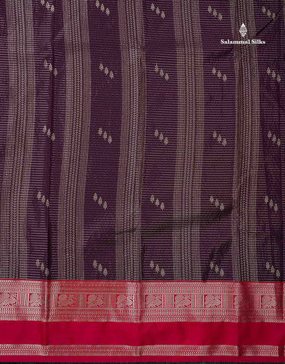 Semi Silk Saree -  Dark Purple Butta With Vaira Oosi Lines Along With Contrast Red Traditional Gap Border