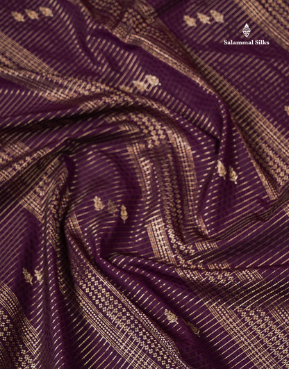 Semi Silk Saree -  Dark Purple Butta With Vaira Oosi Lines Along With Contrast Red Traditional Gap Border