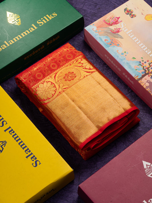 Beautiful Chilly Red Checks With Butta Bridal 2G Pure Kanjivaram Silk Saree With Traditional Evening Morning Border