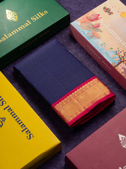 Beautiful Koravi Navy Blue Vaira Oosi Checks Pure Kanjivaram Silk Saree With Contrast Pink Traditional Border