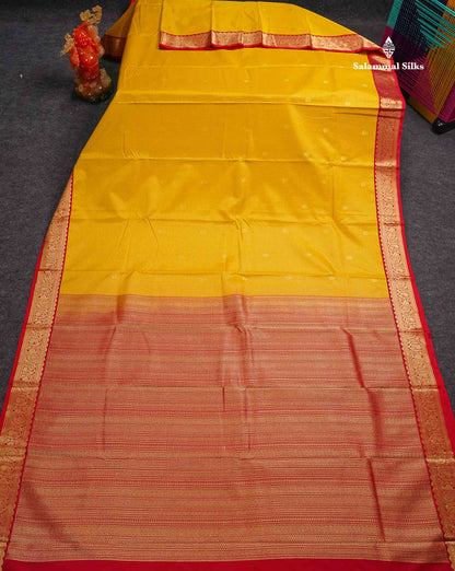 Semi Silk Saree -  Yellow Butta With Tiny Vaira Oosi Checks Along With Contrast Red Traditional Small Border