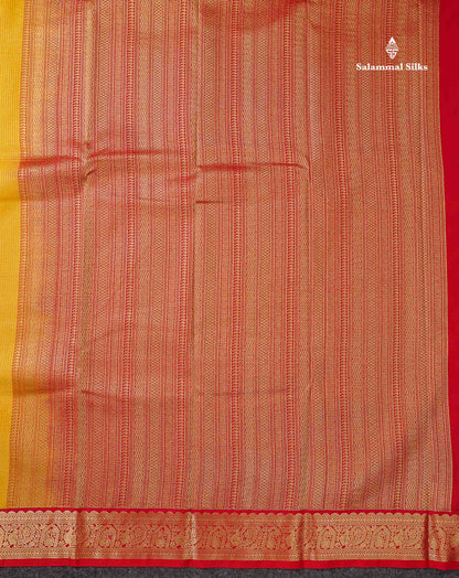 Semi Silk Saree -  Yellow Butta With Tiny Vaira Oosi Checks Along With Contrast Red Traditional Small Border
