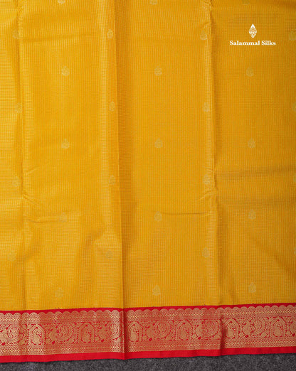 Semi Silk Saree -  Yellow Butta With Tiny Vaira Oosi Checks Along With Contrast Red Traditional Small Border