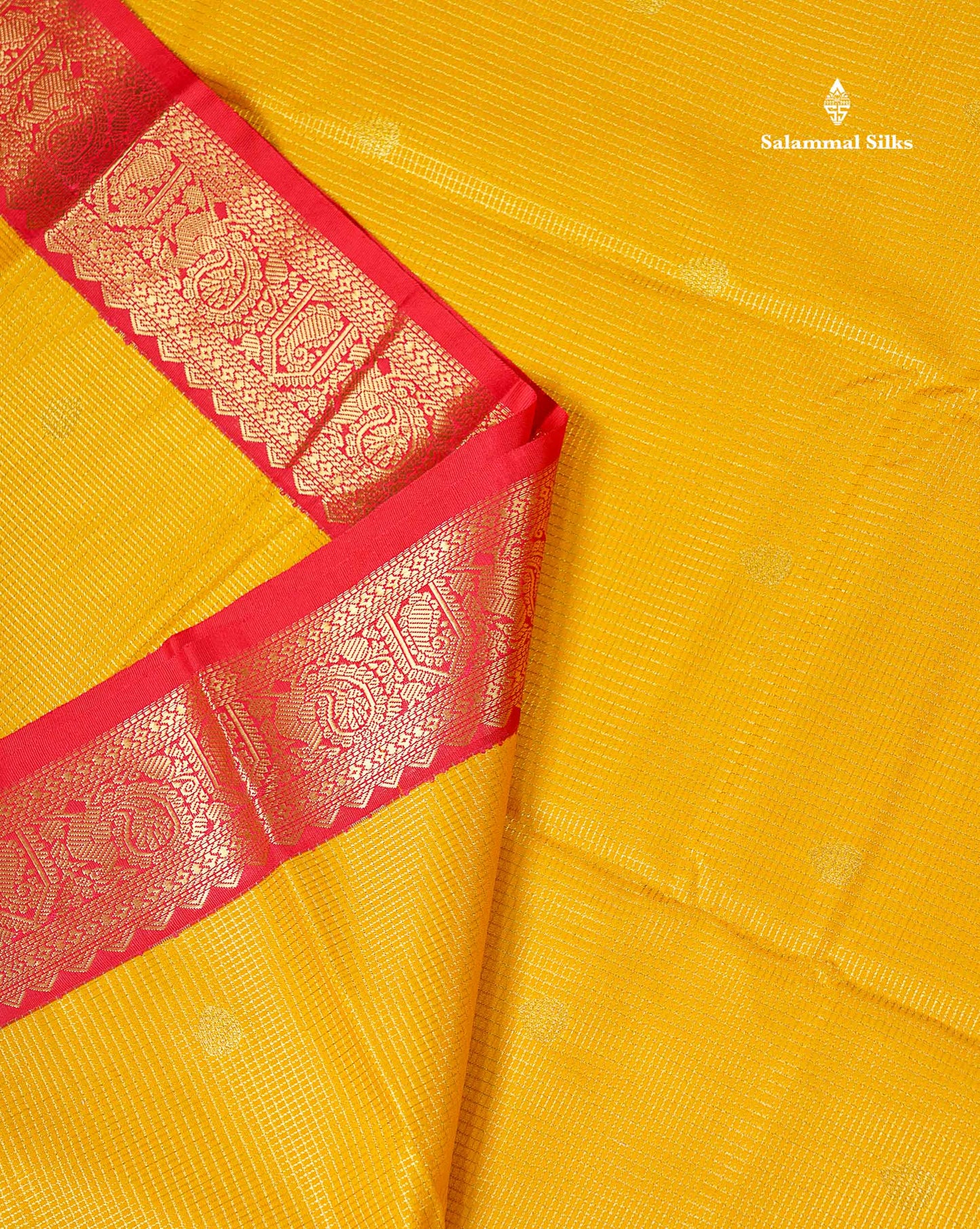 Semi Silk Saree -  Yellow Butta With Tiny Vaira Oosi Checks Along With Contrast Red Traditional Small Border