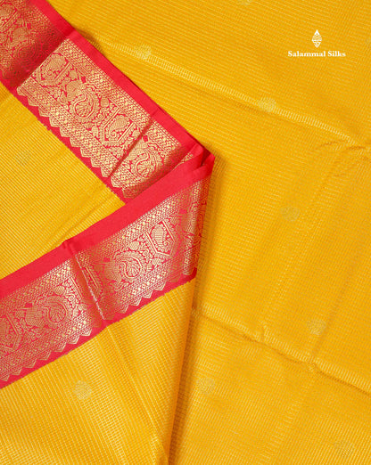 Semi Silk Saree -  Yellow Butta With Tiny Vaira Oosi Checks Along With Contrast Red Traditional Small Border