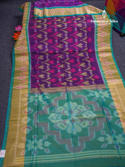 Premium Violet Pochampalli SICO Cotton Saree With Contrast Tissue Sea Green Border
