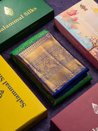 Beautiful Saffire Green Bridal Pure Kanjivaram Silk Saree With Contrast Navy Blue Traditional Evening Morning Border