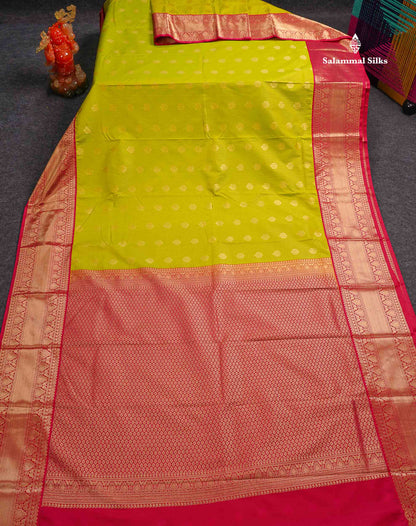 Semi Silk Saree - Green Butta With Straip Lines Along With Contrast Redish pink Traditional Border