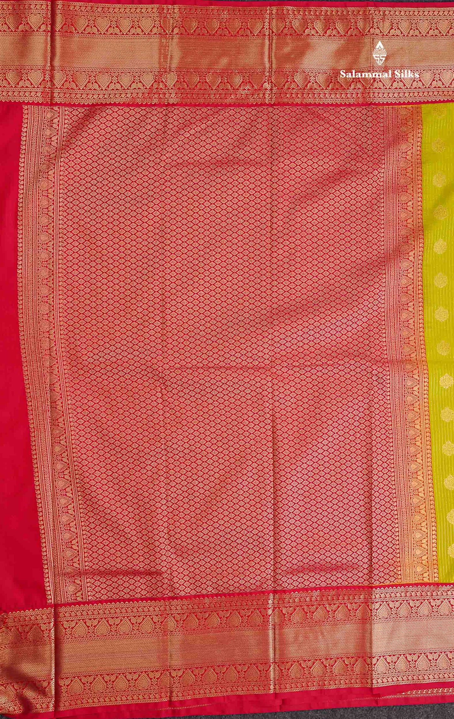 Semi Silk Saree - Green Butta With Straip Lines Along With Contrast Redish pink Traditional Border