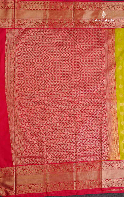Semi Silk Saree - Green Butta With Straip Lines Along With Contrast Redish pink Traditional Border