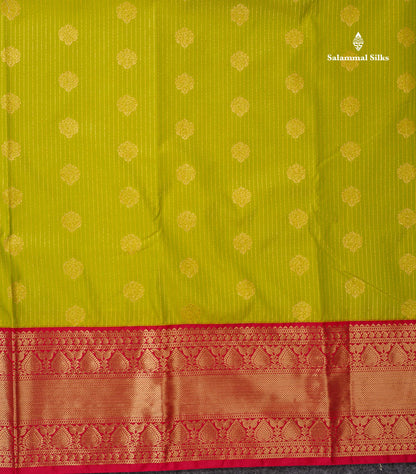 Semi Silk Saree - Green Butta With Straip Lines Along With Contrast Redish pink Traditional Border