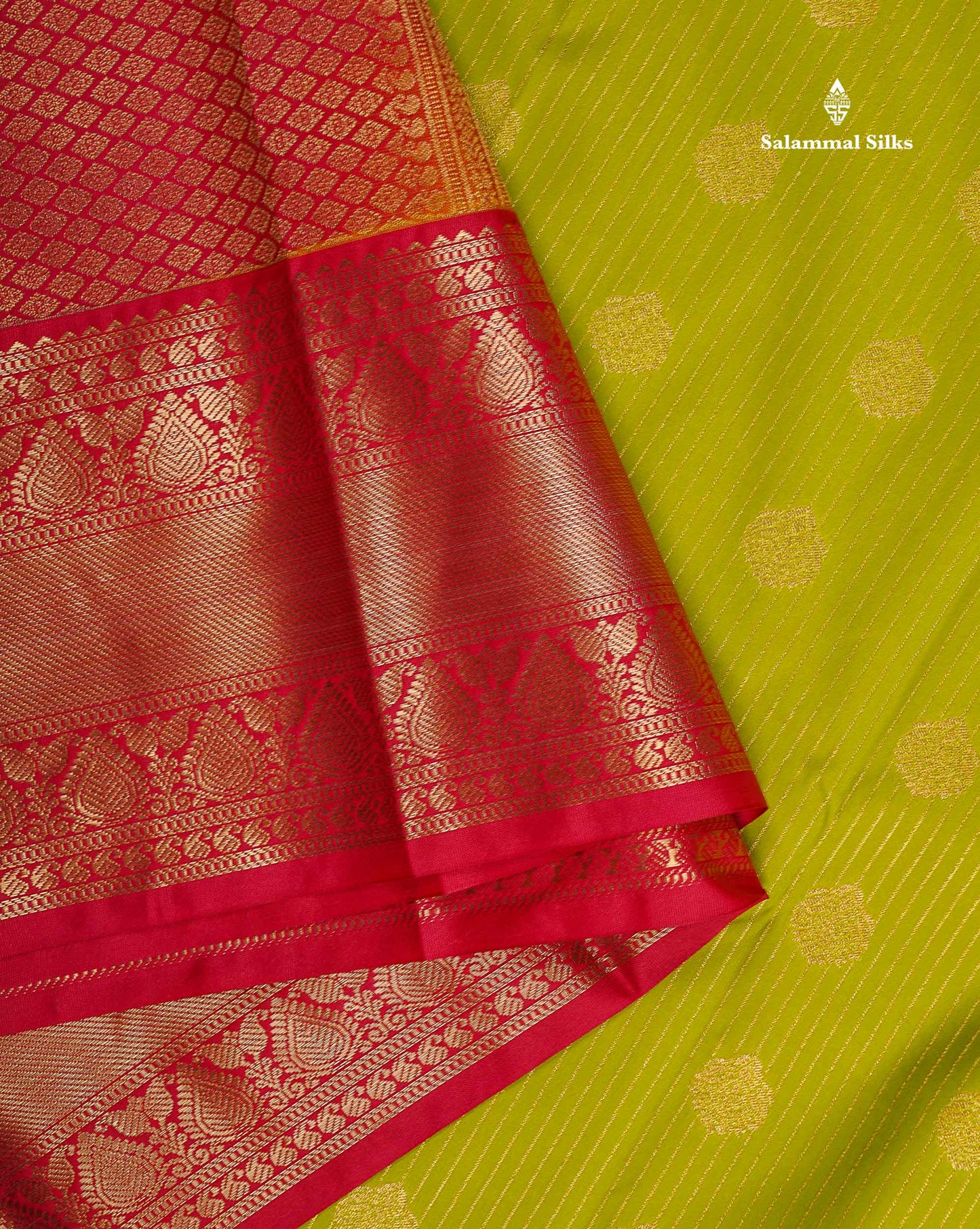 Semi Silk Saree - Green Butta With Straip Lines Along With Contrast Redish pink Traditional Border