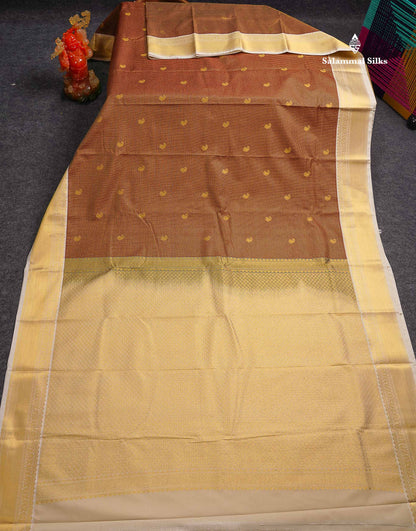 Semi Silk Saree - Brown Mango Butta With Tiny Vaira Oosi Checks Along With Contrast Cream Sandal Border