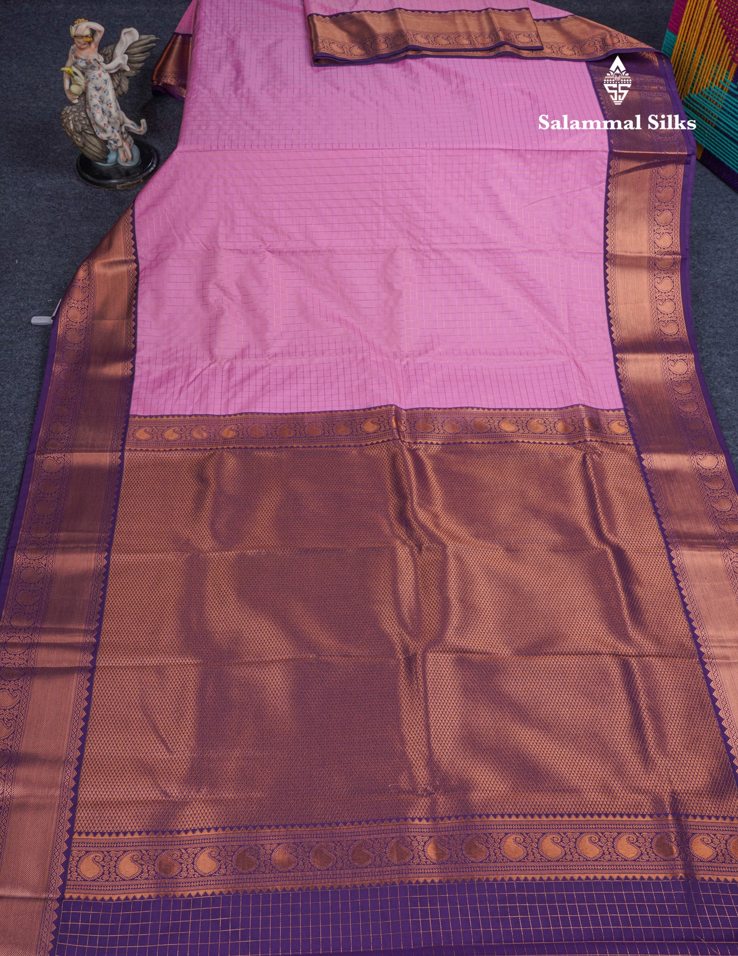 Baby Pink Small Checks Semi Silk Saree With Contrast Violet Traditional Border