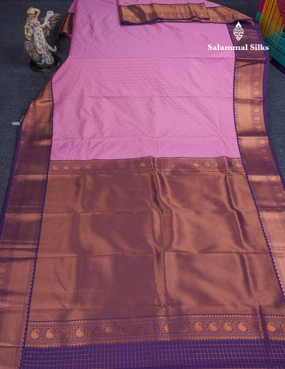 Baby Pink Small Checks Semi Silk Saree With Contrast Violet Traditional Border