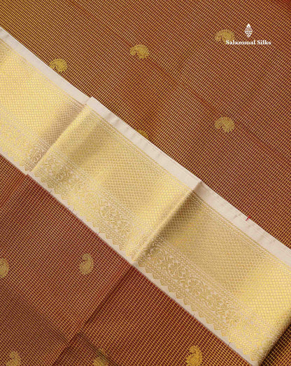Semi Silk Saree - Brown Mango Butta With Tiny Vaira Oosi Checks Along With Contrast Cream Sandal Border