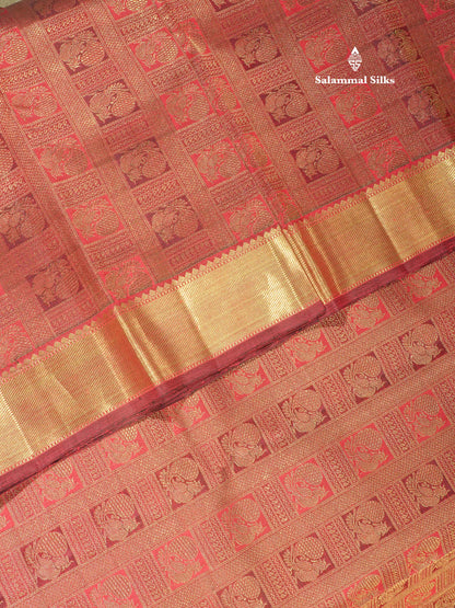 Dark Maroon Pure Kanjivaram Traditional Silk Saree Pure zari (3Gram) with Long Gold Zari Border