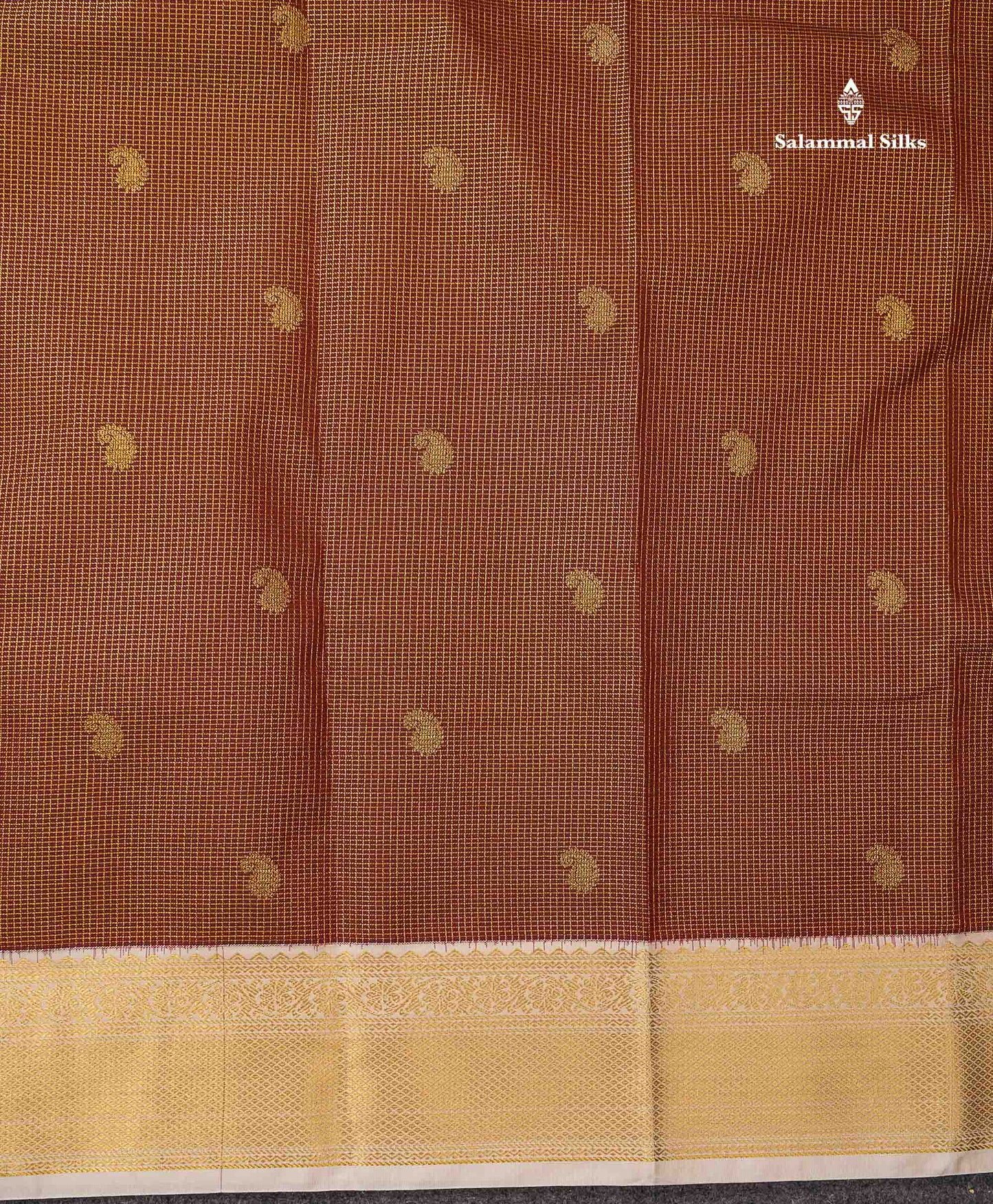 Semi Silk Saree - Brown Mango Butta With Tiny Vaira Oosi Checks Along With Contrast Cream Sandal Border
