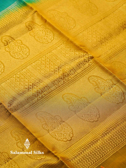 Beautiful Peacock Blue Pure Mix Kanjivaram Soft Silk Saree With Contrast Olive Green Fancy Border