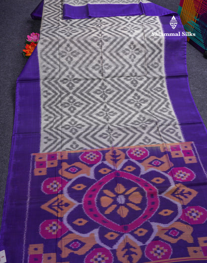 Premium White Pochampalli SICO Cotton Saree With Contrast Violet Border