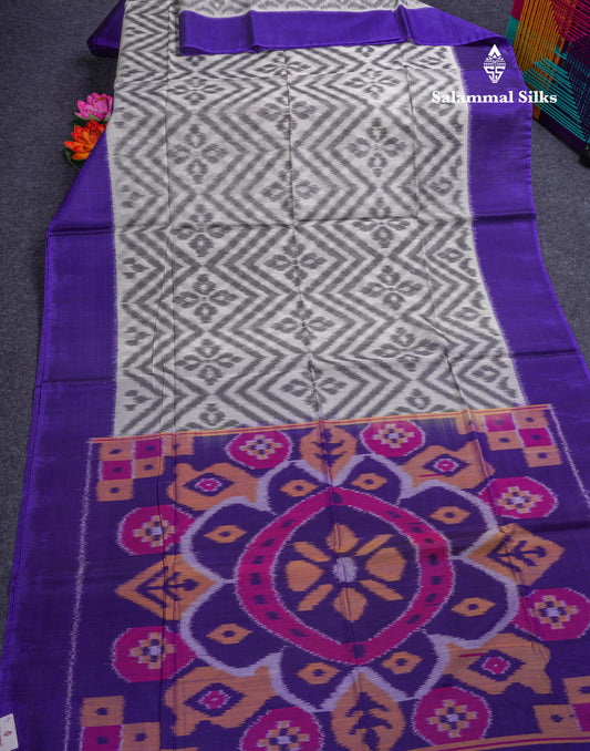 Premium White Pochampalli SICO Cotton Saree With Contrast Violet Border